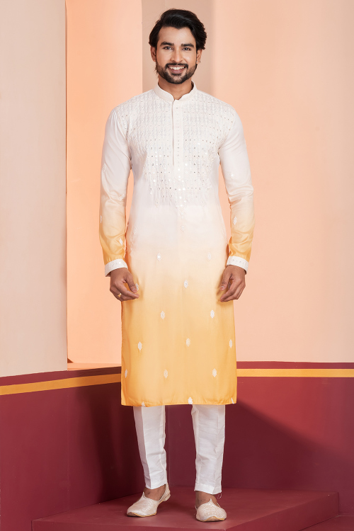 White Cotton Silk Men's Kurta Pajama With Printed Work