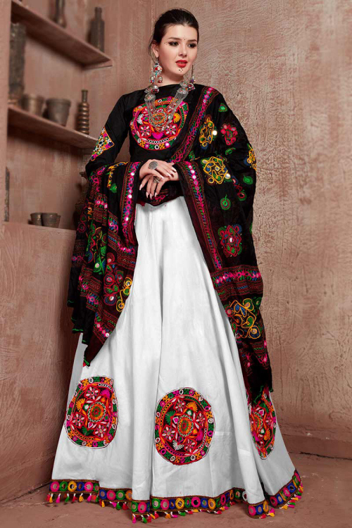 White Cotton Silk Lehenga with Resham Thread & Mirror Work Blouse