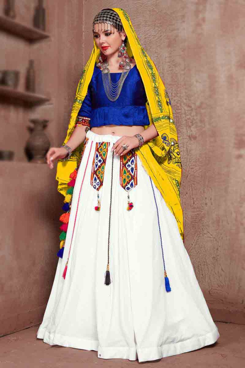 White Cotton Silk Patch Embroidered Flared Lehenga