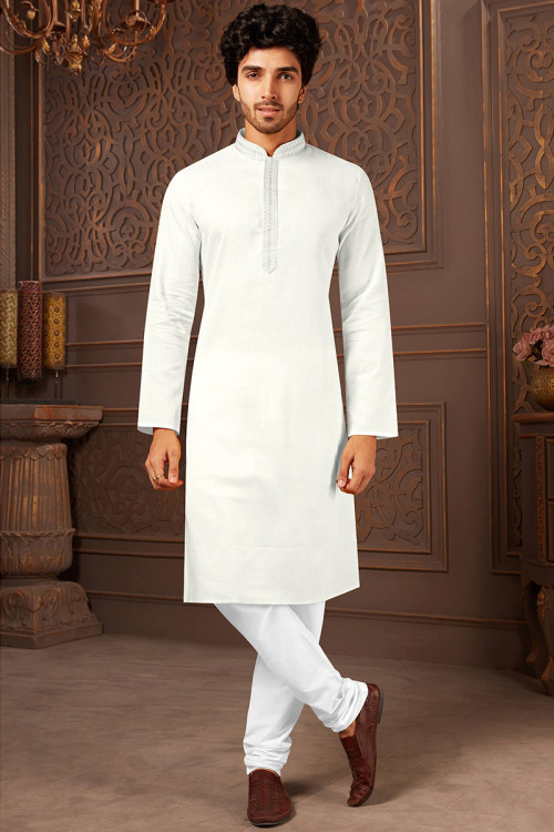 White Cotton Men Churidar Kurta Pajama MKPA02887