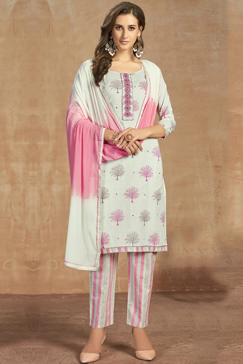 White Cotton Straight Pant Suit With Resham Work