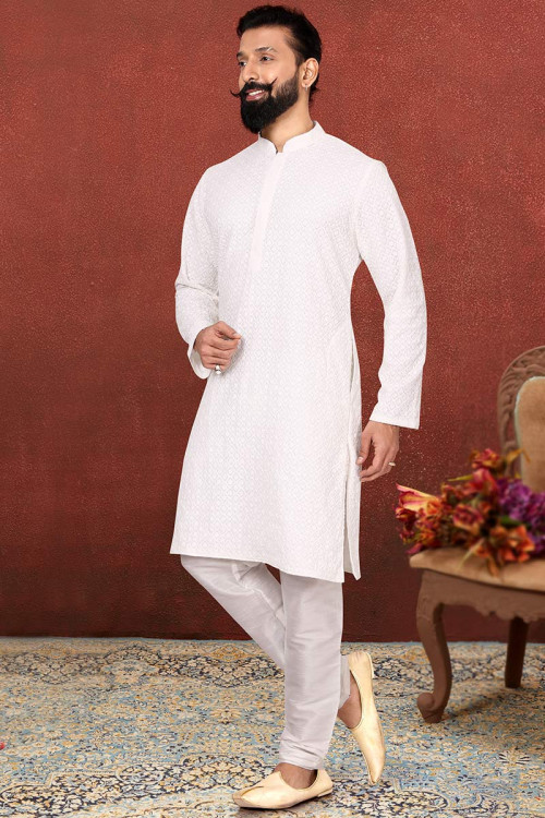 White Cotton Straight Pant Thread Work Embroidered Men Kurta Pajama