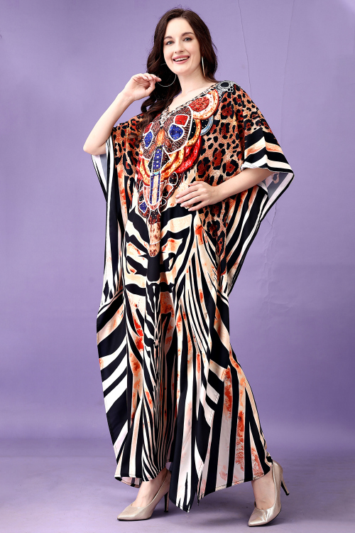 White Crepe Printed Casual Wear Kaftan