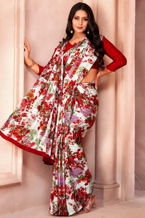 White Crepe Printed Saree For Casual Wear