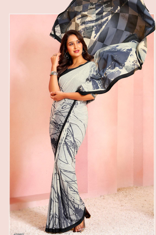 White Crepe Saree With Printed Work For Casual Wear