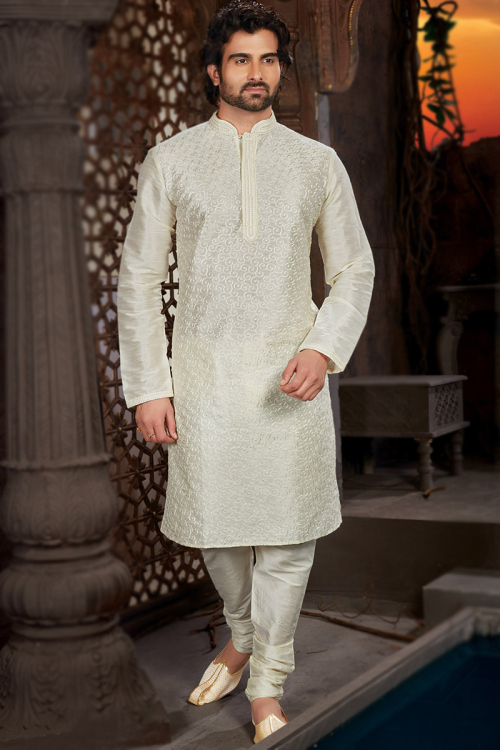 White Dupion Silk Embroidered Men's Straight Cut Kurta Churidar 