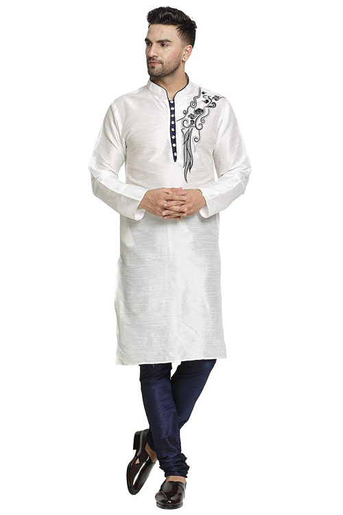 White Dupion Silk Embroidered Straight Cut Men's Kurta Churidar