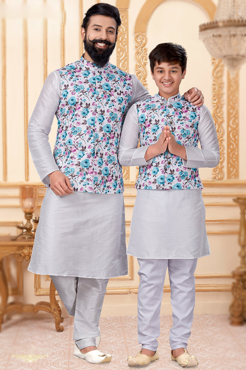 White Dupion Silk Father Son Duo Kurta With Waist Coat