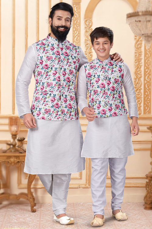 Father Son White Silk Kurta Pajama with Printed Jacket