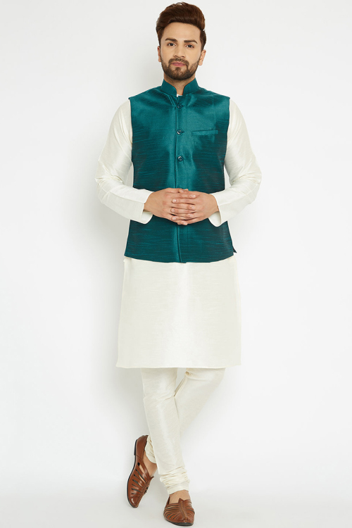 White Dupion Silk Kurta Pajama With Teal Green Waistcoat