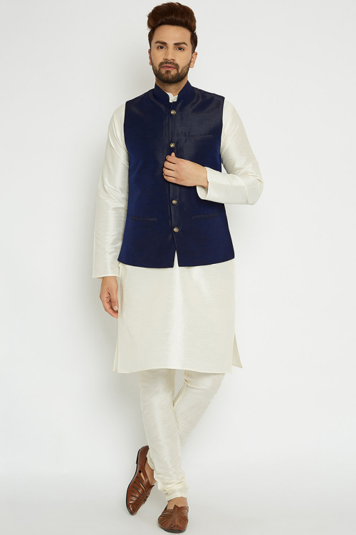 White Dupion Silk Kurta Pajama With Midnight Blue Waistcoat
