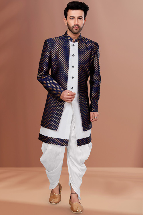 White Cotton Readymade Indowestern Suit 175389