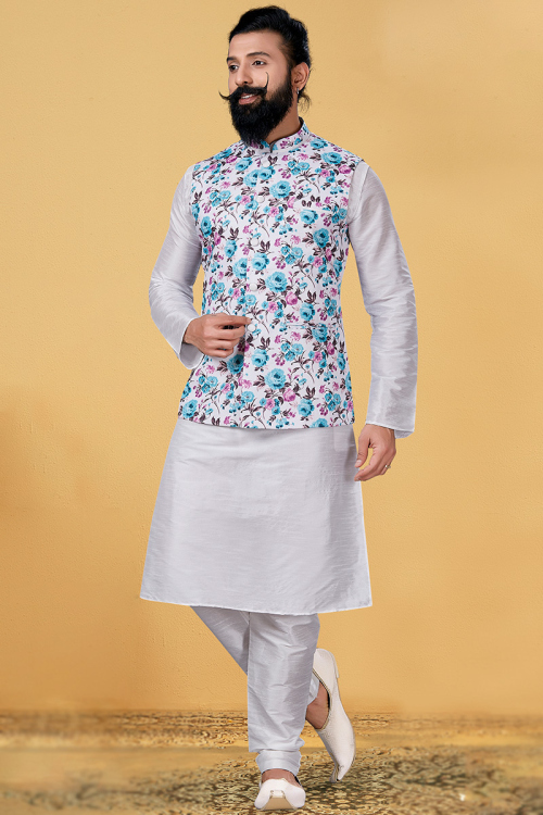White Jacket Style Dupion Silk Men Kurta Pajama for Sangeet