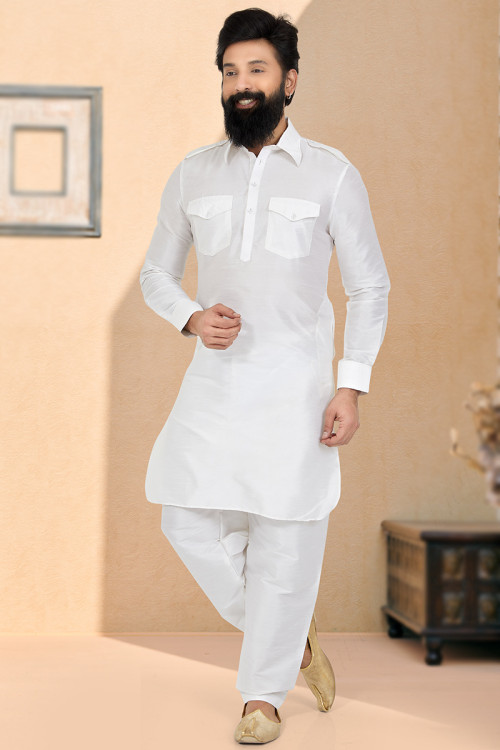 White Casual Wear Men Kurta Pajama in Dupion Silk