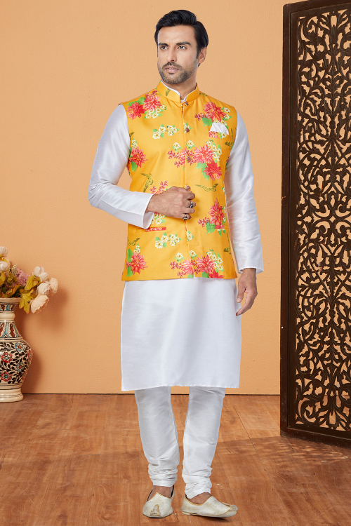 White Dupion Silk Men's Kurta Churidar With Jacket