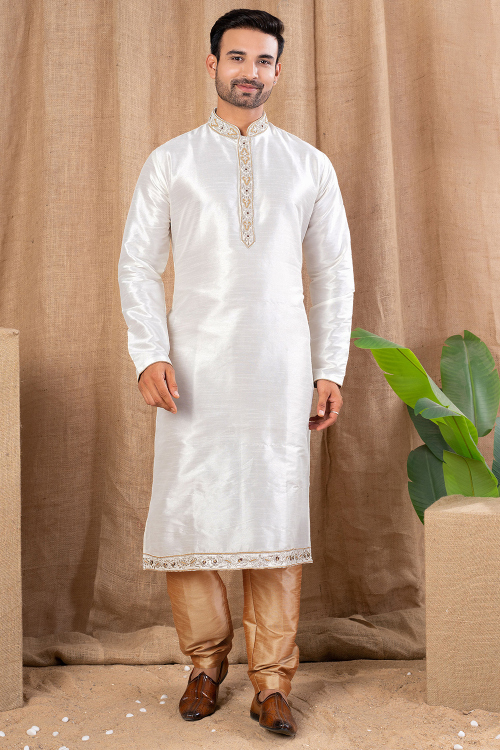 White Dupion Silk Men's Kurta Pajama With Zari Work