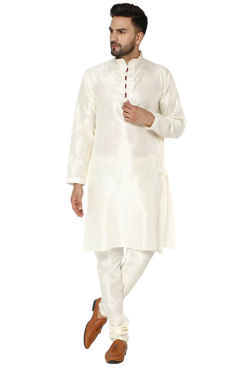 White Dupion Silk Plain Men's Kurta Pajama