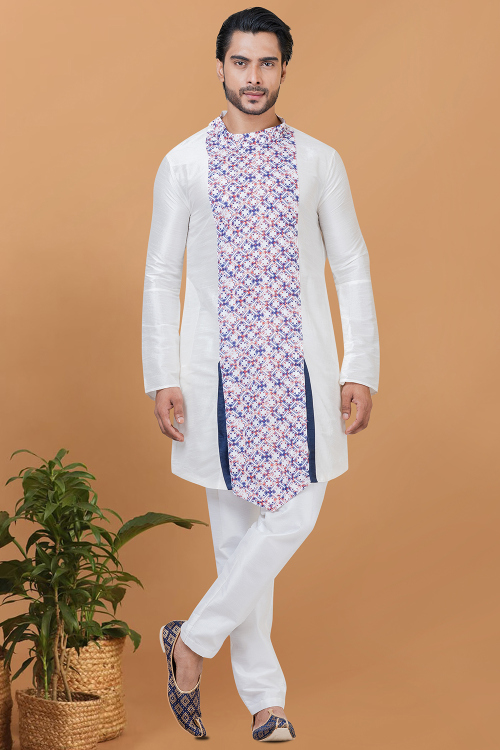 White Dupion Silk Printed Men's Kurta Pajama For Festival