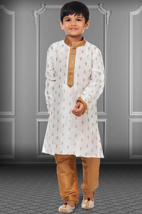 White Party Wear Lace Embroidered Men Kurta Pajama in Dupion Silk