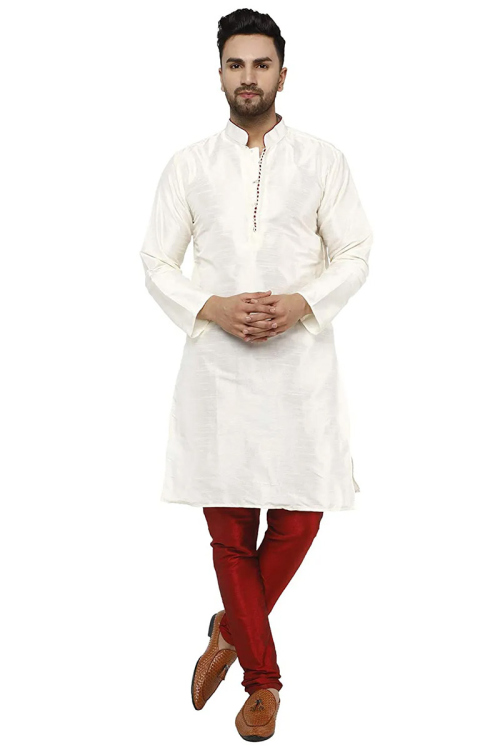 White Dupion Silk Straight Cut Men's Kurta Pajama