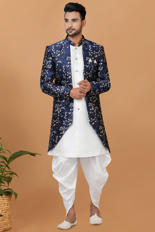 White Dupion Silk Weaved Jacket Style Men's Sherwani With Dhoti Pant