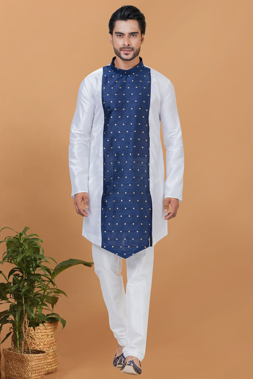 White Dupion Silk Woven Zari Men's Kurta Pajama