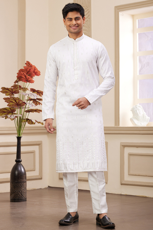 White Embroidered Silk Blend Men's Kurta Pajama For Festival 