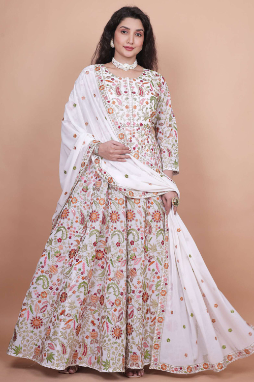 White Georgette Anarkali Suit With Zari Work For Sangeet