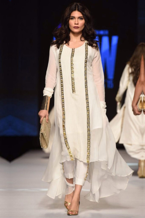 White Georgette Cigeratte Pant Suit for Eid with Resham Work 