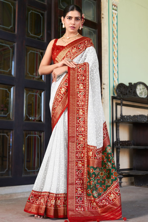 White Georgette Embroidered Broad Border Saree For Festival