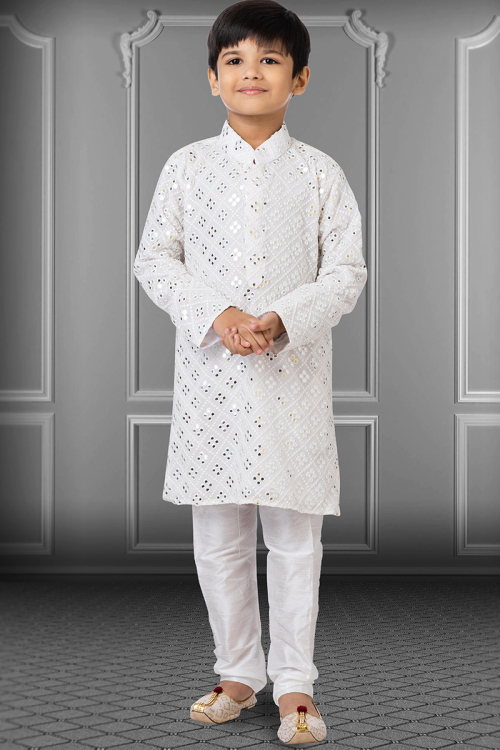 Georgette White Party Wear Men Kurta Pajama with Thread Work