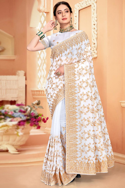 Georgette Saree in White colour with Stone Embroidery for Party 