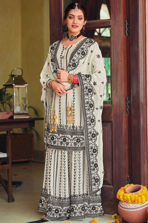 White Georgette Sharara Suit for Party Wear with Resham Work