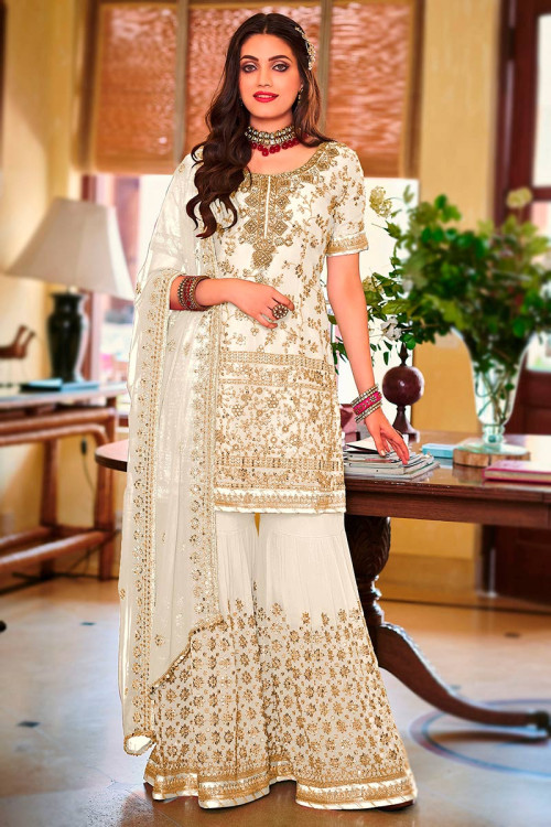 Party Wear Beads Embroidered Sharara Suit in Georgette White