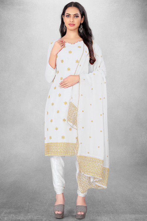 White Georgette Embroidered Straight Cut Churidar Suit 