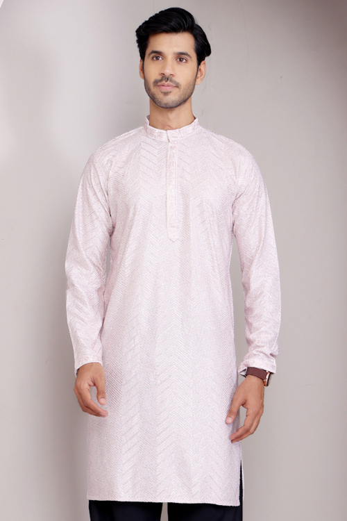White Georgette Embroidered Straight Cut Men's Kurta