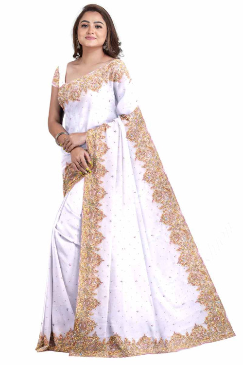 White Georgette Wedding Saree with Stone embroidery