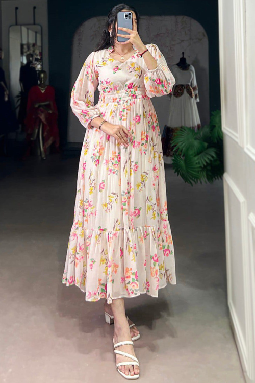 White Georgette Frock Style Kurti With Printed Work