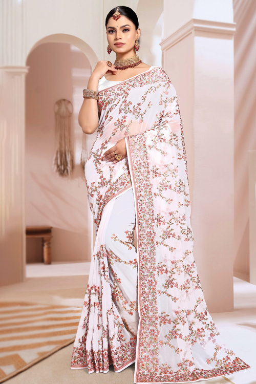 White Georgette Heavy Embroiderd Saree