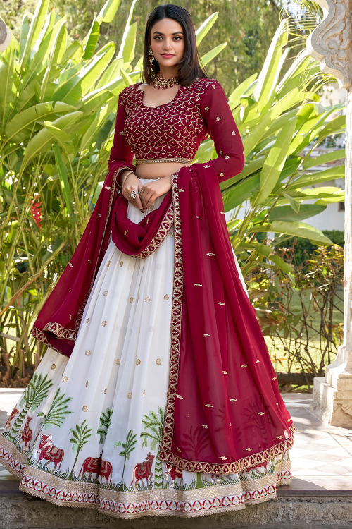 White Georgette Lehenga With Sequins Work For Festival
