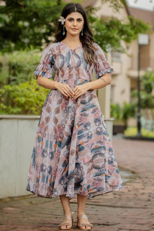 White Georgette Printed Frock Style Ready Made Kurti