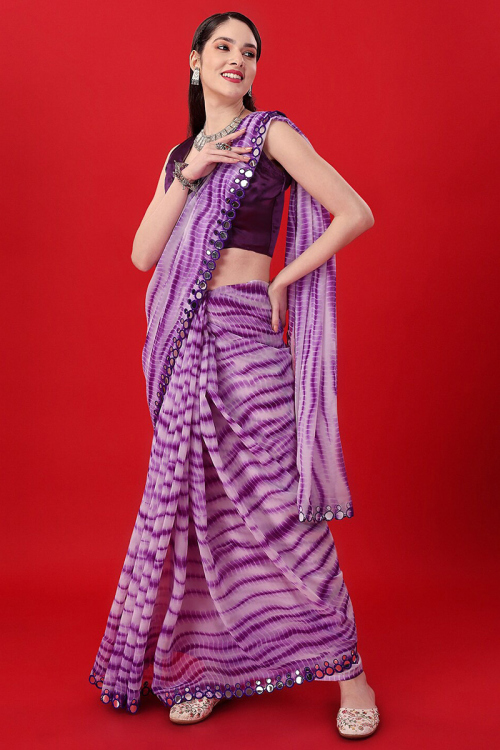 White Georgette Printed Tie and Dye Saree