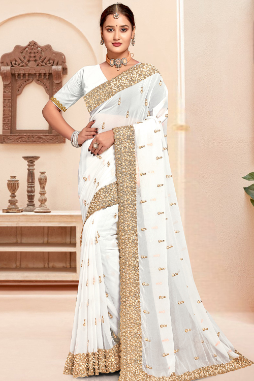 White Georgette Saree with Pearl Work for Weddings