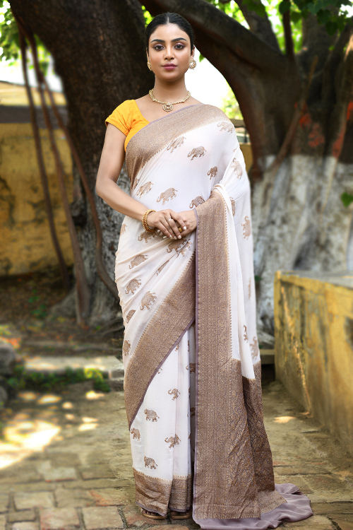 White Georgette Woven Zari Broad Border Saree 
