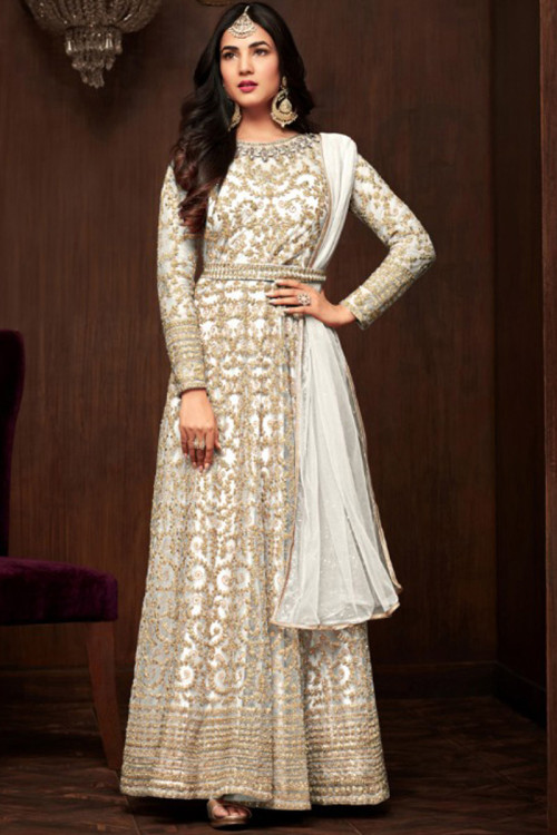 Sangeeta Ghosh White Long Anarkali Suit - Khantil India - 262310