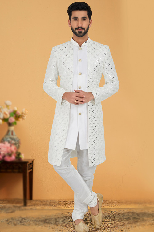 Jacket Style Men Sherwani in Jacquard White for Sangeet