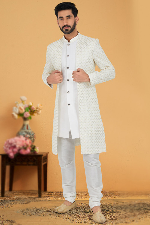 White Jacquard Jacket Style Men Sherwani