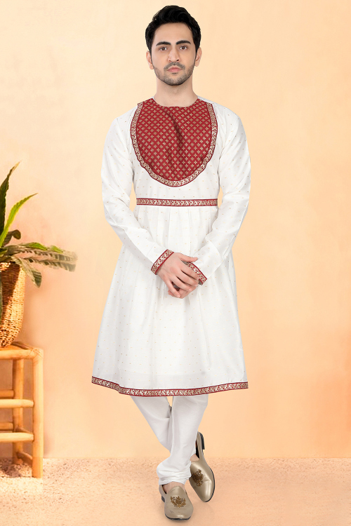 White Lace Work Peshwai Style Men’s Kurta Churidar