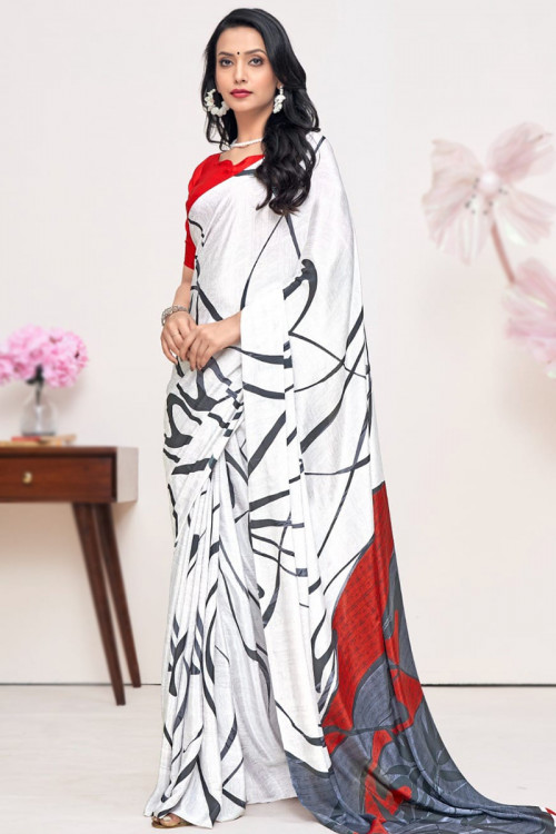 White Lightweight Casual Wear Printed Crepe Saree 