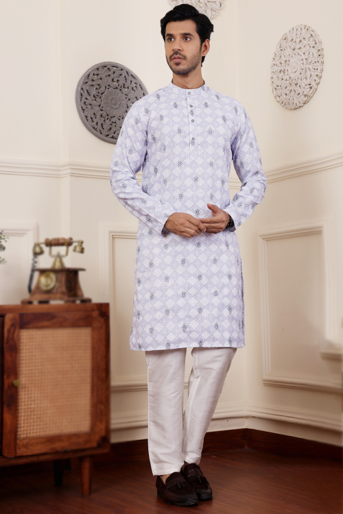 White Linen Resham Embroidered Straight Cut Men's Kurta Pajama